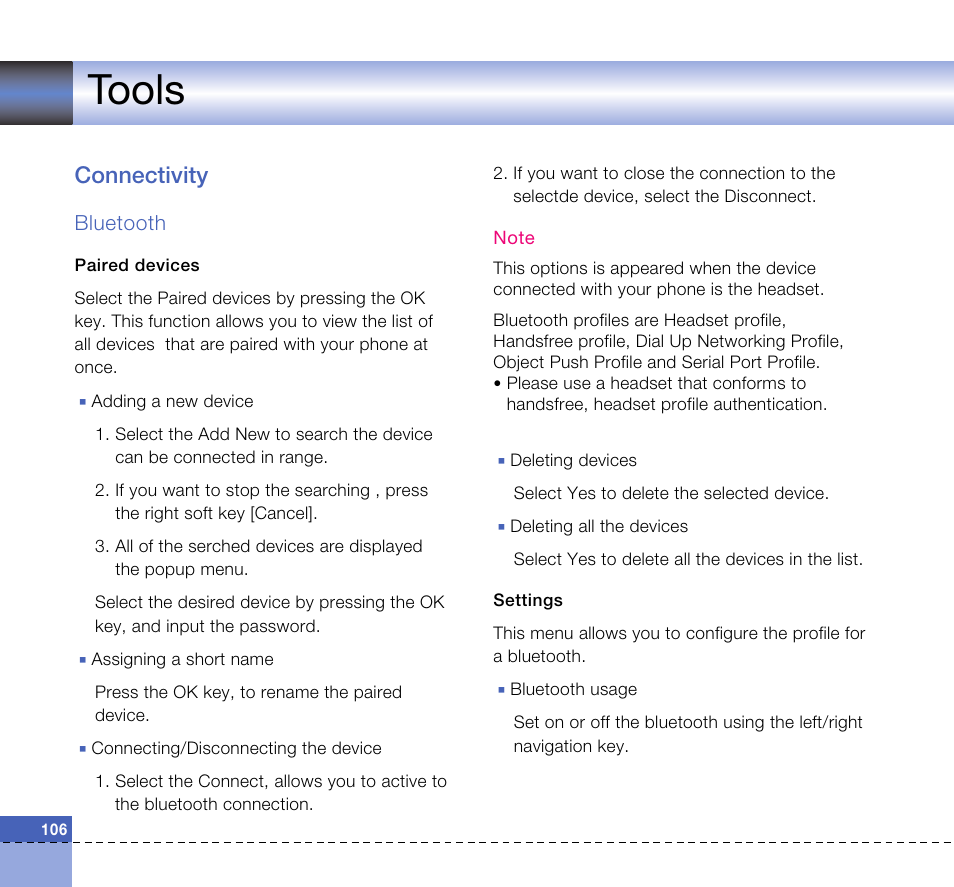 Tools, Connectivity | LG U8360 User Manual | Page 108 / 140