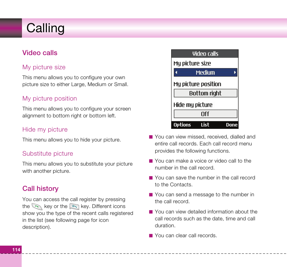 Calling, Video calls, Call history | LG U8360 User Manual | Page 116 / 140