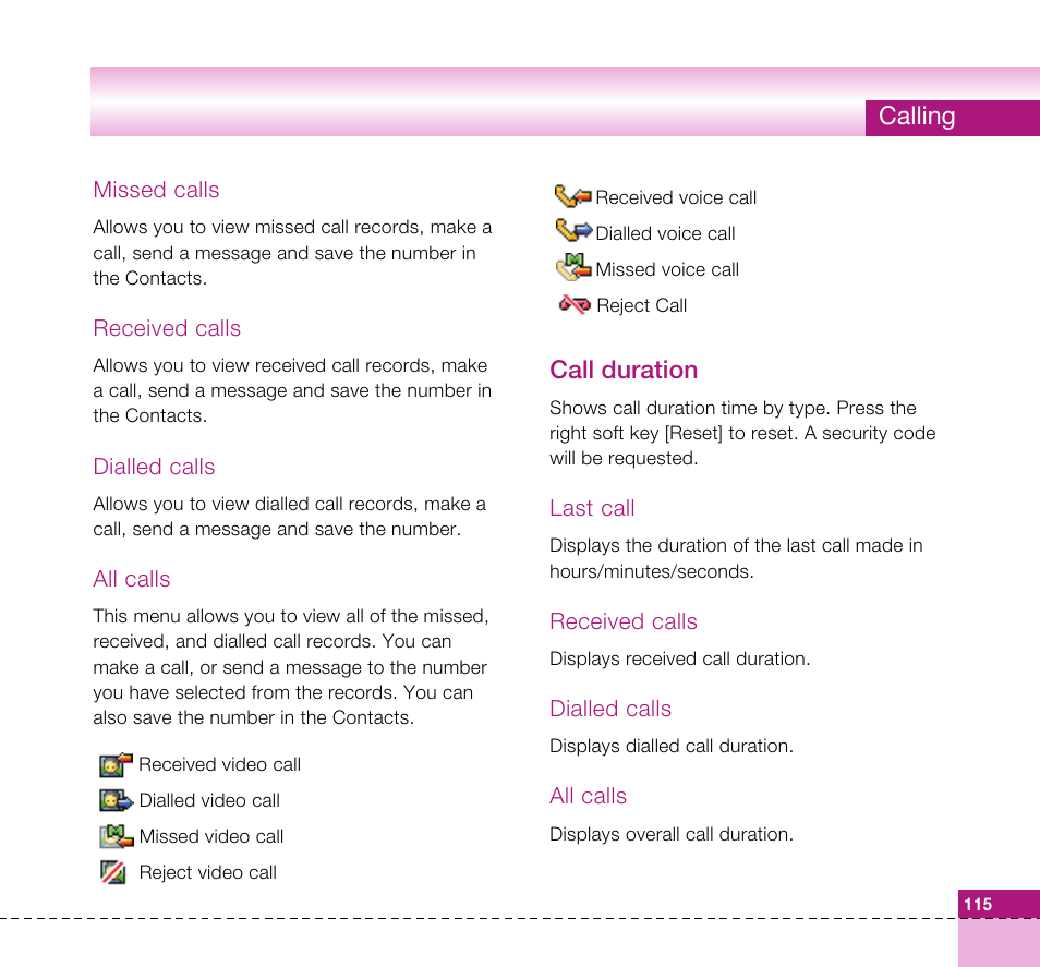 Calling, Call duration | LG U8360 User Manual | Page 117 / 140