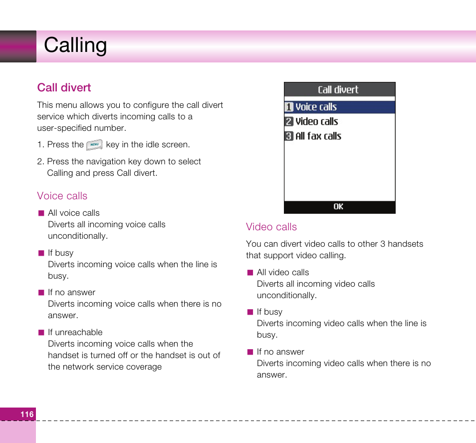Calling, Call divert | LG U8360 User Manual | Page 118 / 140