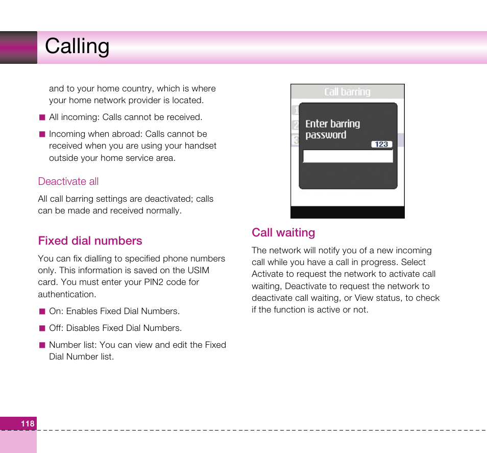 Calling, Fixed dial numbers, Call waiting | LG U8360 User Manual | Page 120 / 140