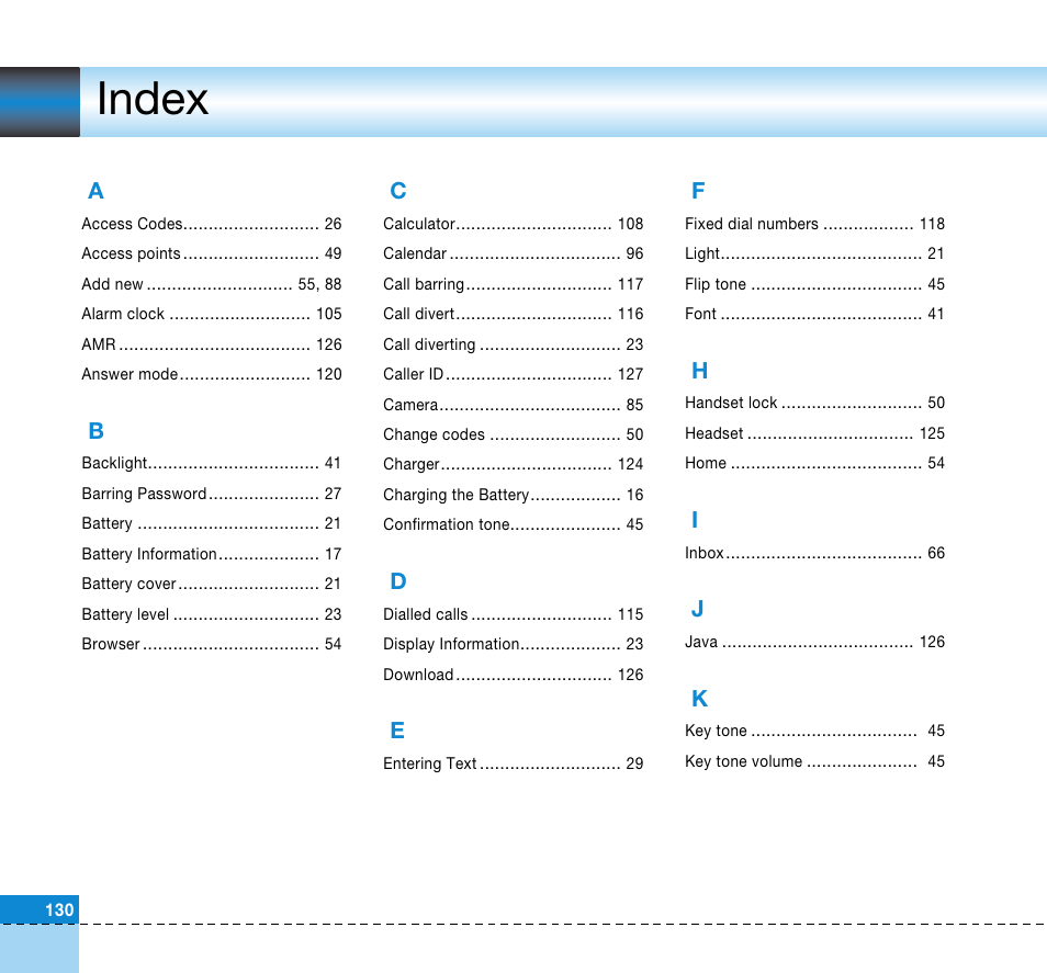 Index | LG U8360 User Manual | Page 132 / 140