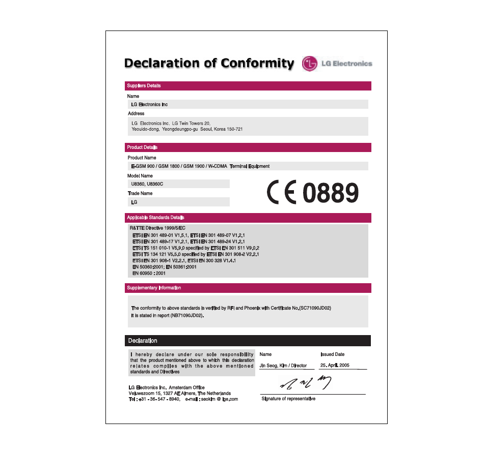 Declaration of conformity | LG U8360 User Manual | Page 135 / 140