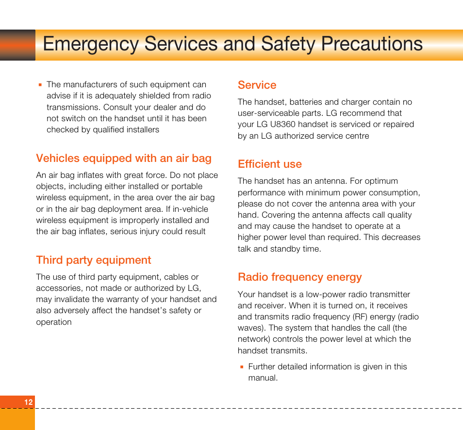 Emergency services and safety precautions | LG U8360 User Manual | Page 14 / 140