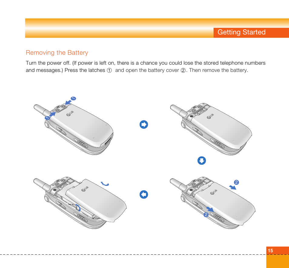 Getting started, Removing the battery | LG U8360 User Manual | Page 17 / 140