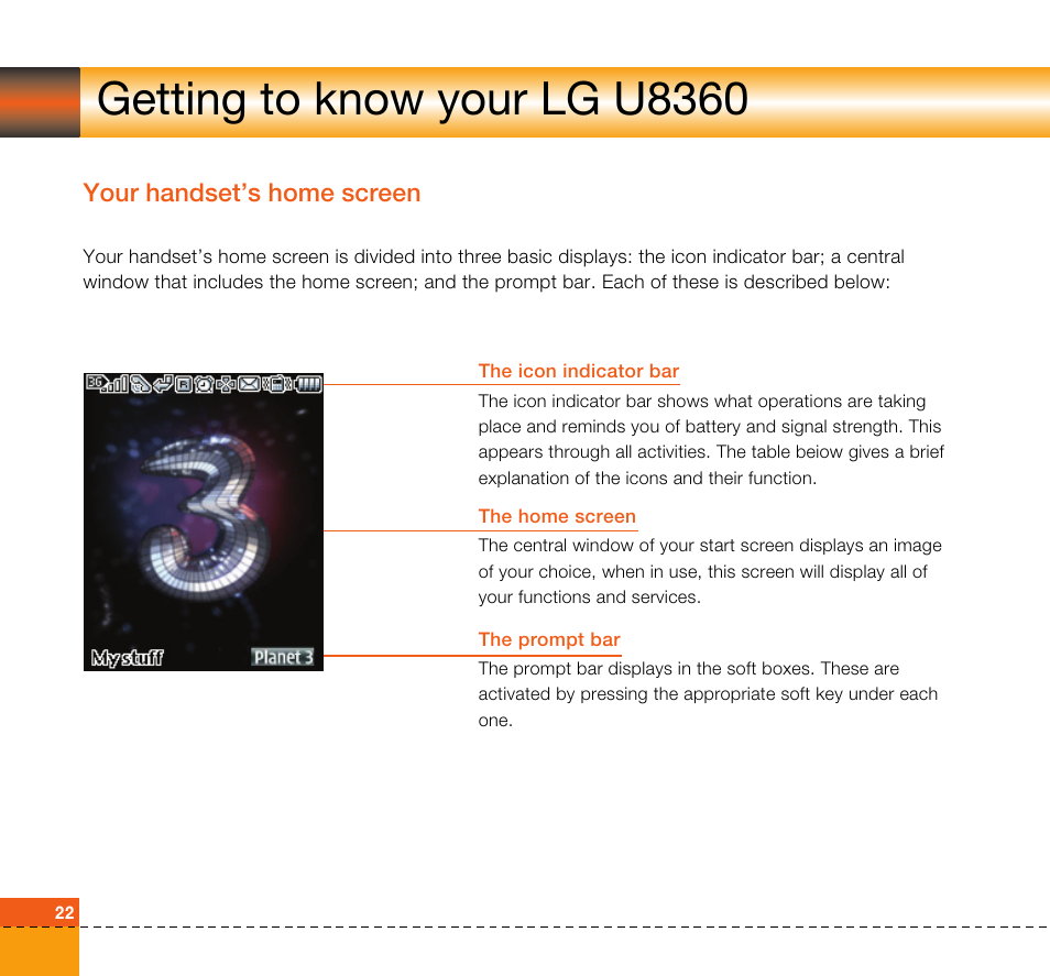 Getting to know your lg u8360, Your handset’s home screen | LG U8360 User Manual | Page 24 / 140
