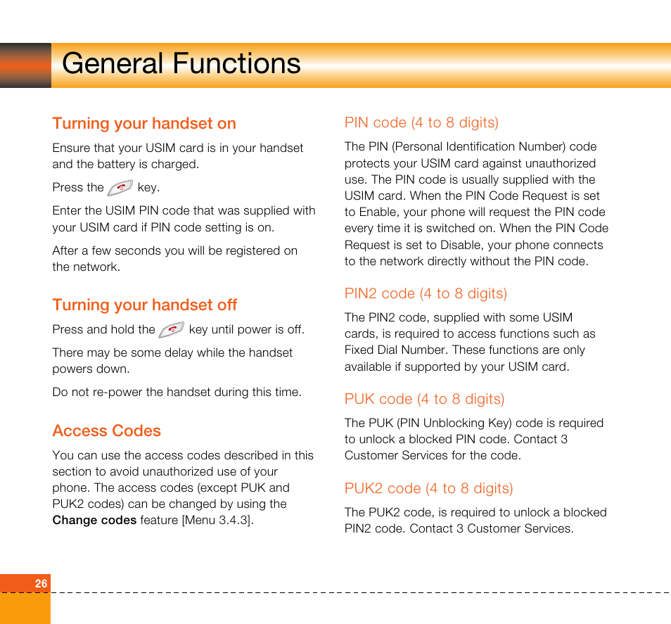 General functions, Turning your handset on, Turning your handset off | Access codes | LG U8360 User Manual | Page 28 / 140