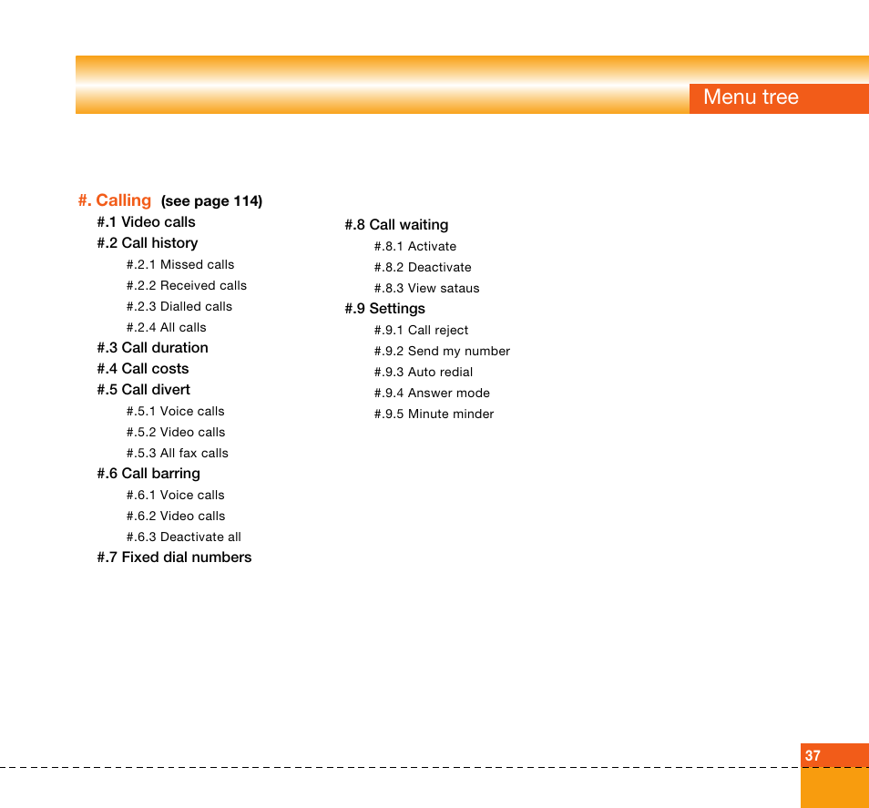 Menu tree, Calling | LG U8360 User Manual | Page 39 / 140