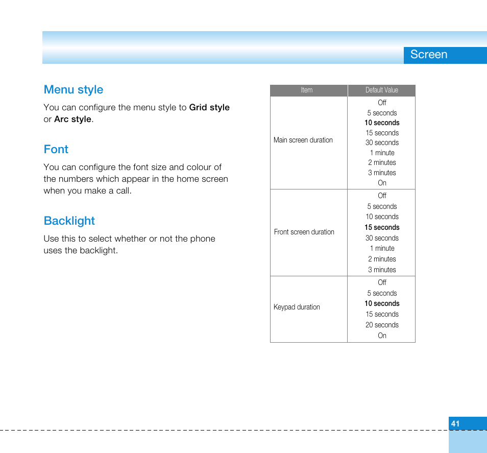 Screen menu style, Font, Backlight | LG U8360 User Manual | Page 43 / 140