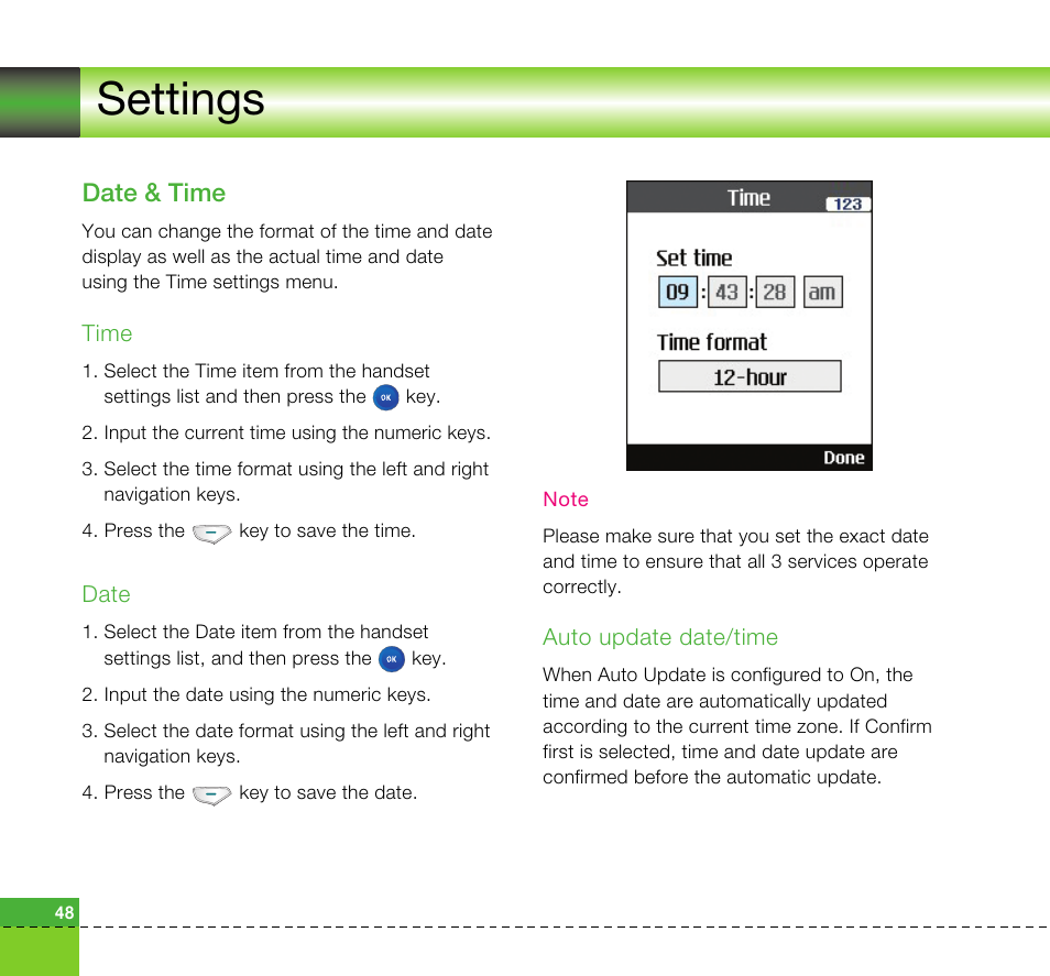 Settings, Date & time | LG U8360 User Manual | Page 50 / 140