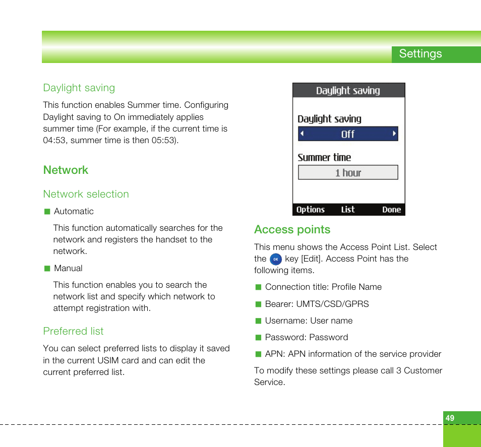 Settings, Network, Access points | LG U8360 User Manual | Page 51 / 140