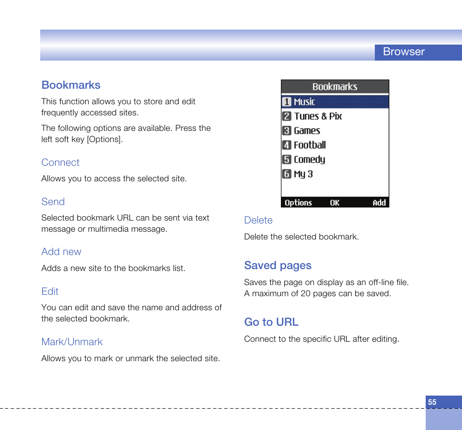 Browser bookmarks, Saved pages, Go to url | LG U8360 User Manual | Page 57 / 140