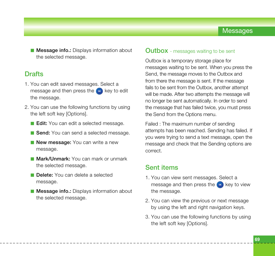 Messages, Drafts, Outbox | Sent items | LG U8360 User Manual | Page 71 / 140