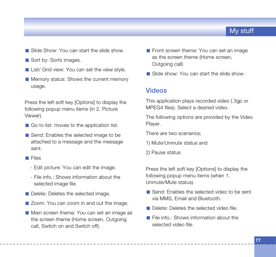 My stuff, Videos | LG U8360 User Manual | Page 79 / 140