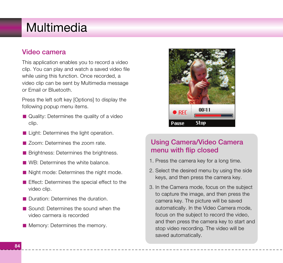 Multimedia, Video camera, Using camera/video camera menu with flip closed | LG U8360 User Manual | Page 86 / 140