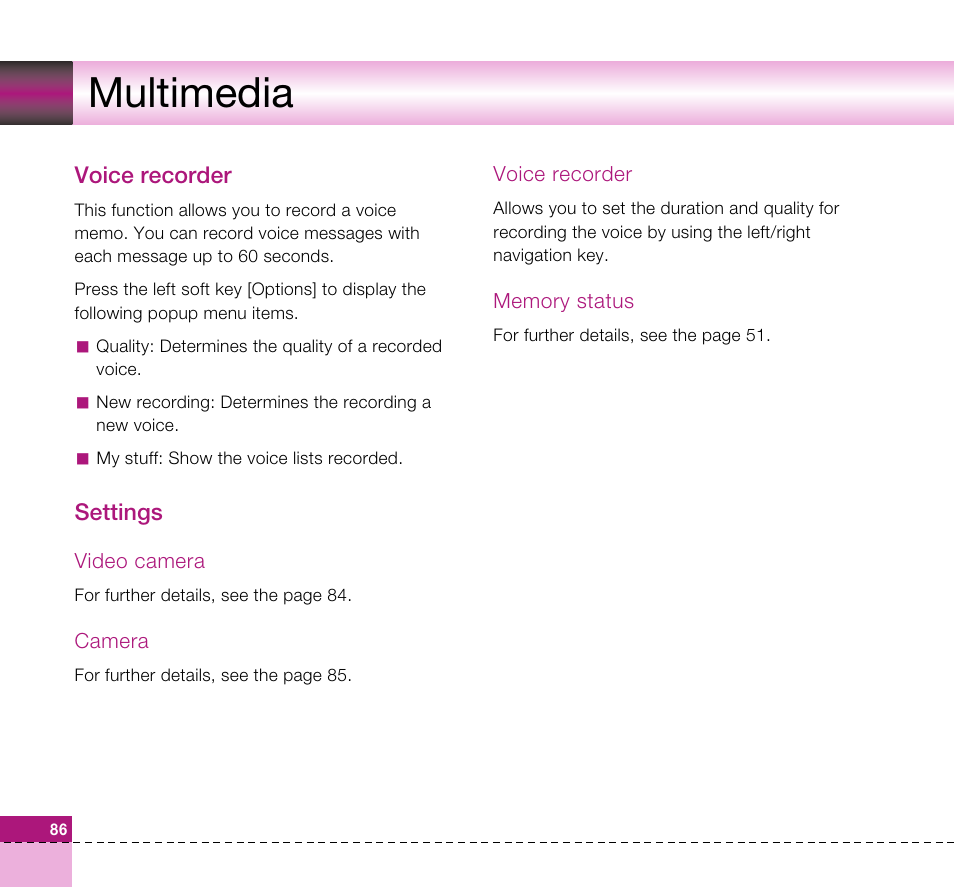 Multimedia, Voice recorder, Settings | LG U8360 User Manual | Page 88 / 140