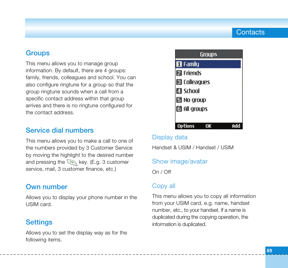 Contacts groups, Service dial numbers, Own number | Settings | LG U8360 User Manual | Page 91 / 140