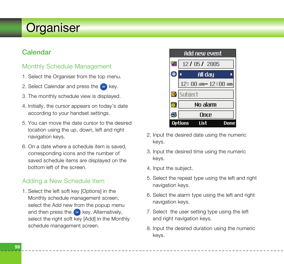 Organiser, Calendar | LG U8360 User Manual | Page 98 / 140