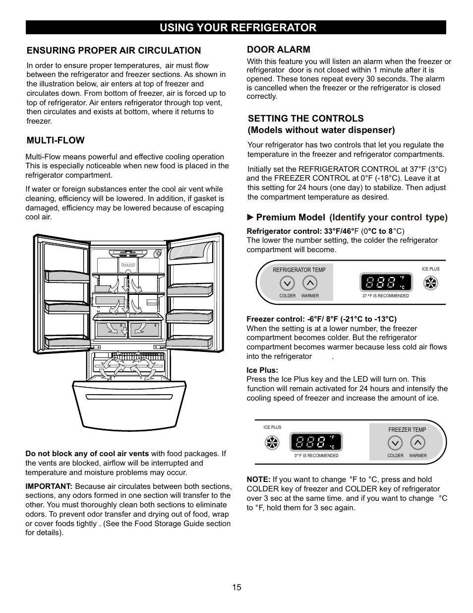 Using your refrigerator, Ensuring proper air circulation, Multi-flow | Setting the controls, Models without water dispenser) door alarm, Premium model (identify your control type) | LG LFC23760 User Manual | Page 15 / 60