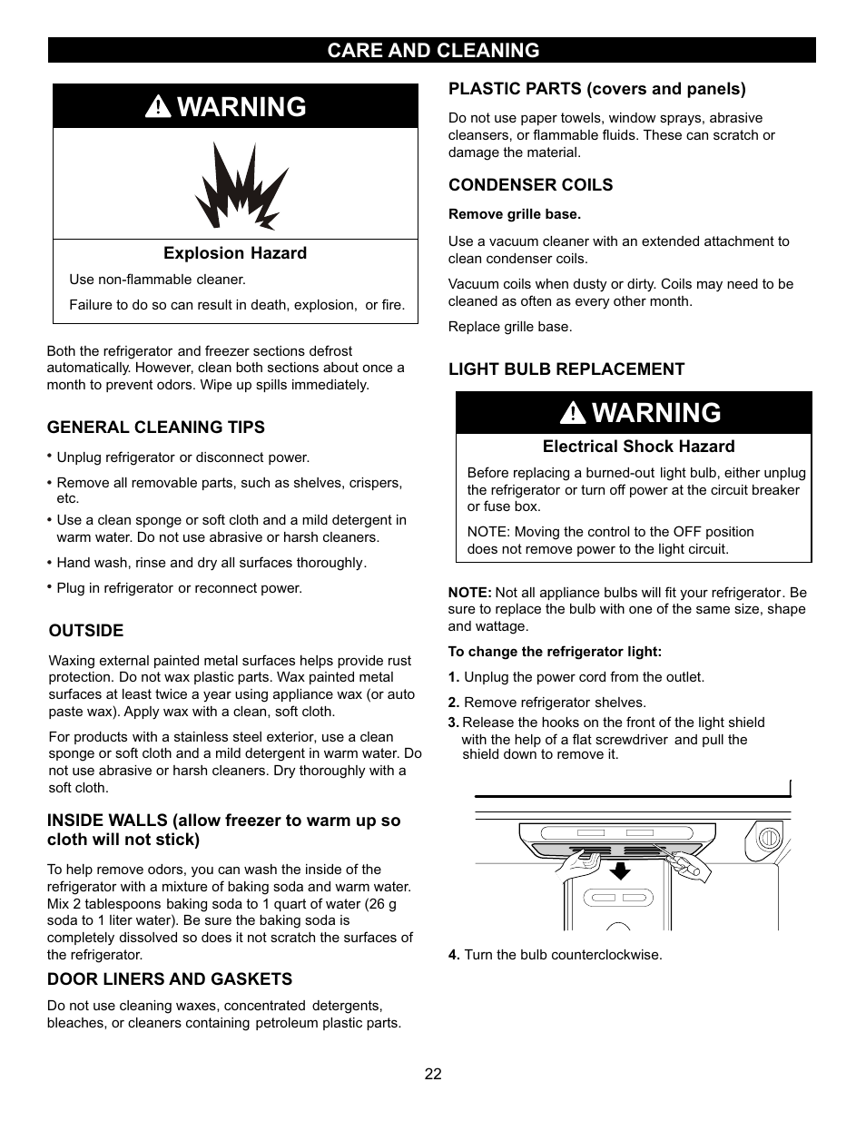 Warning, Care and cleaning | LG LFC23760 User Manual | Page 22 / 60