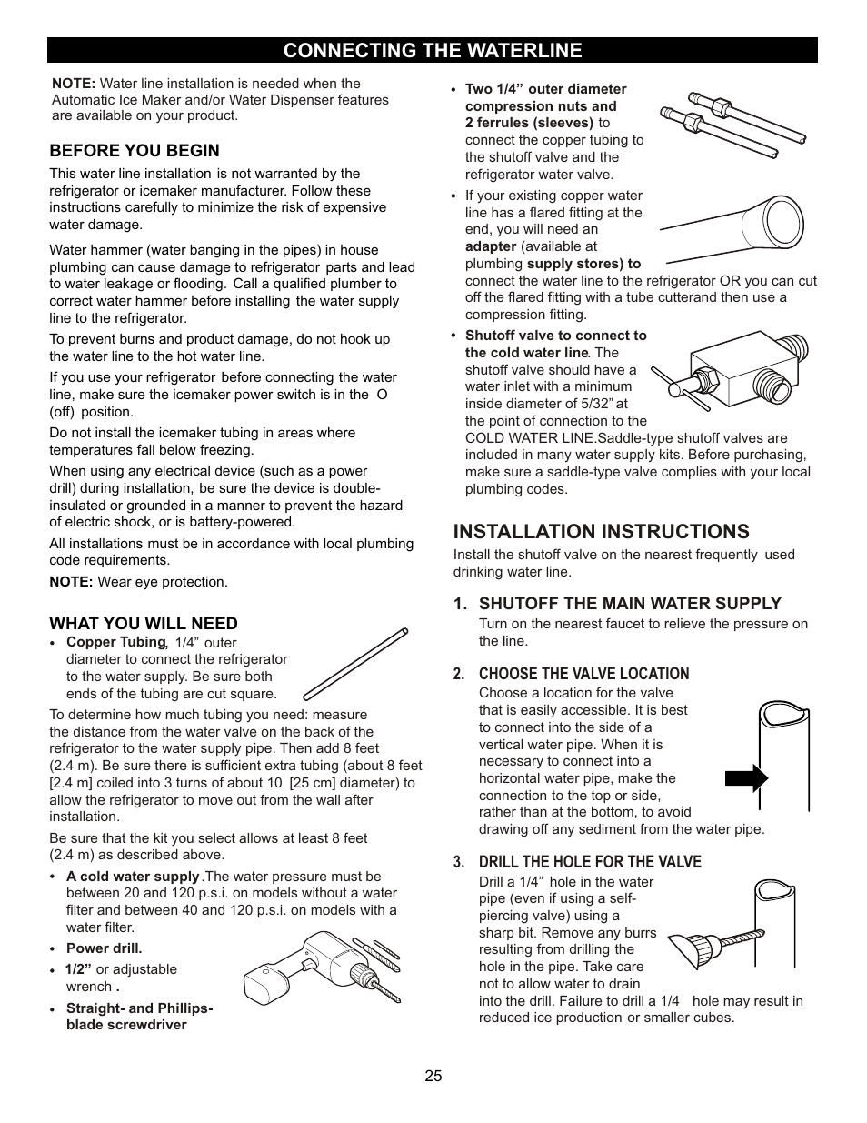 Installation instructions, Connecting the waterline | LG LFC23760 User Manual | Page 25 / 60