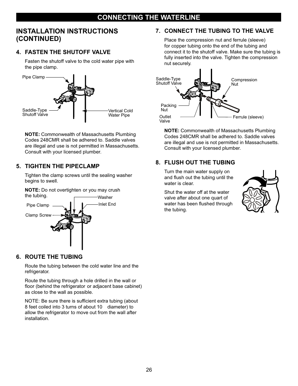 Installation instructions (continued), Connecting the waterline | LG LFC23760 User Manual | Page 26 / 60