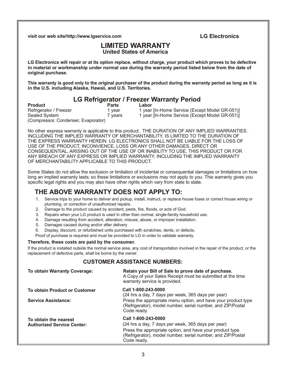 Limited warranty, Lg refrigerator / freezer warranty period, The above warranty does not apply to | LG LFC23760 User Manual | Page 3 / 60