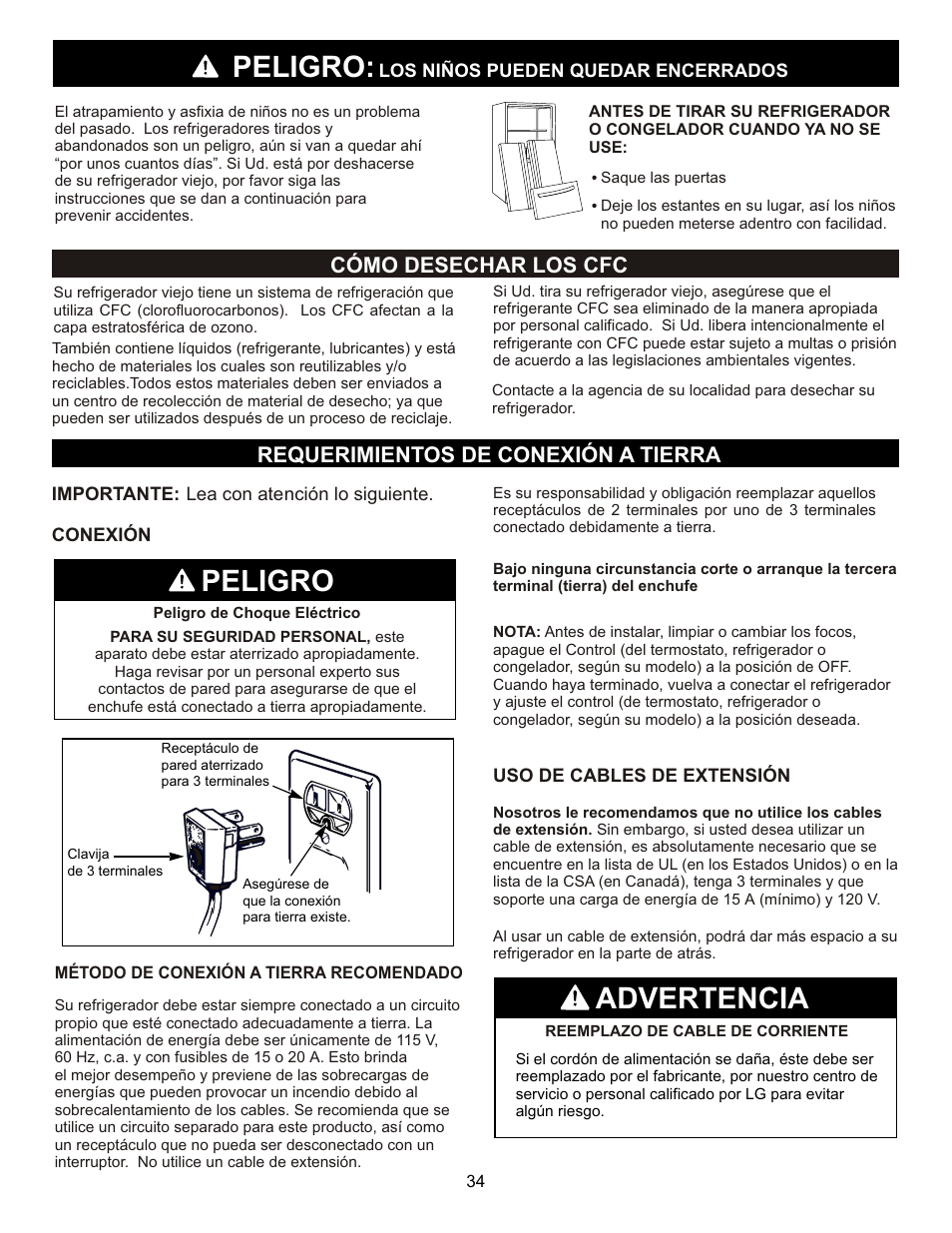 Peligro, Advertencia, Cómo desechar los cfc | Requerimientos de conexión a tierra | LG LFC23760 User Manual | Page 34 / 60