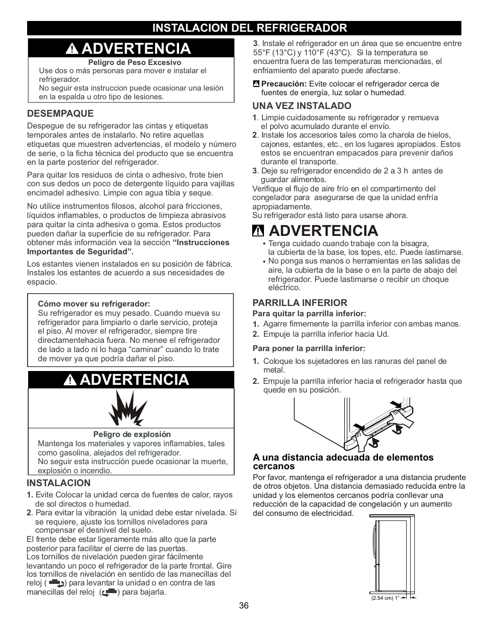 Advertencia, Instalacion del refrigerador | LG LFC23760 User Manual | Page 36 / 60