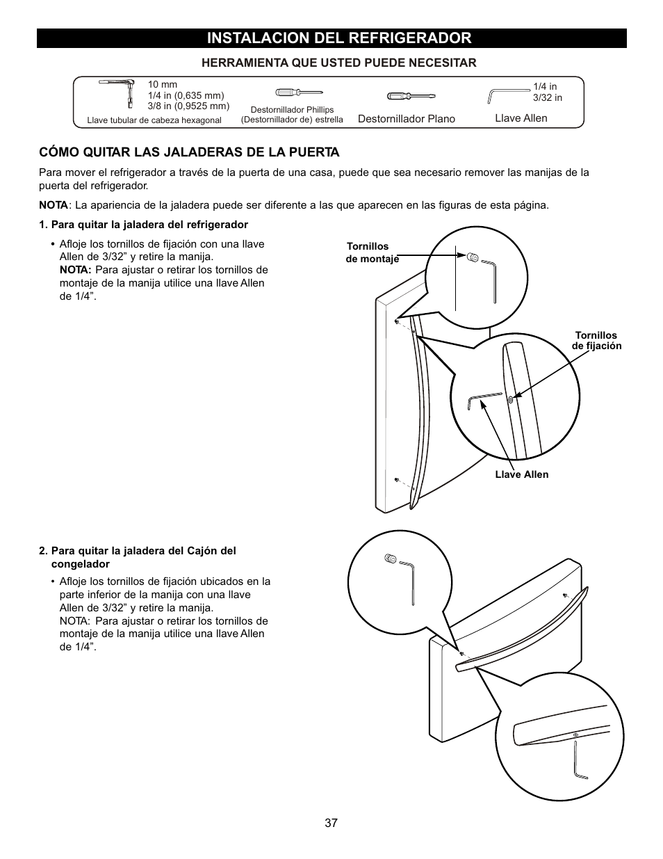 Instalacion del refrigerador | LG LFC23760 User Manual | Page 37 / 60