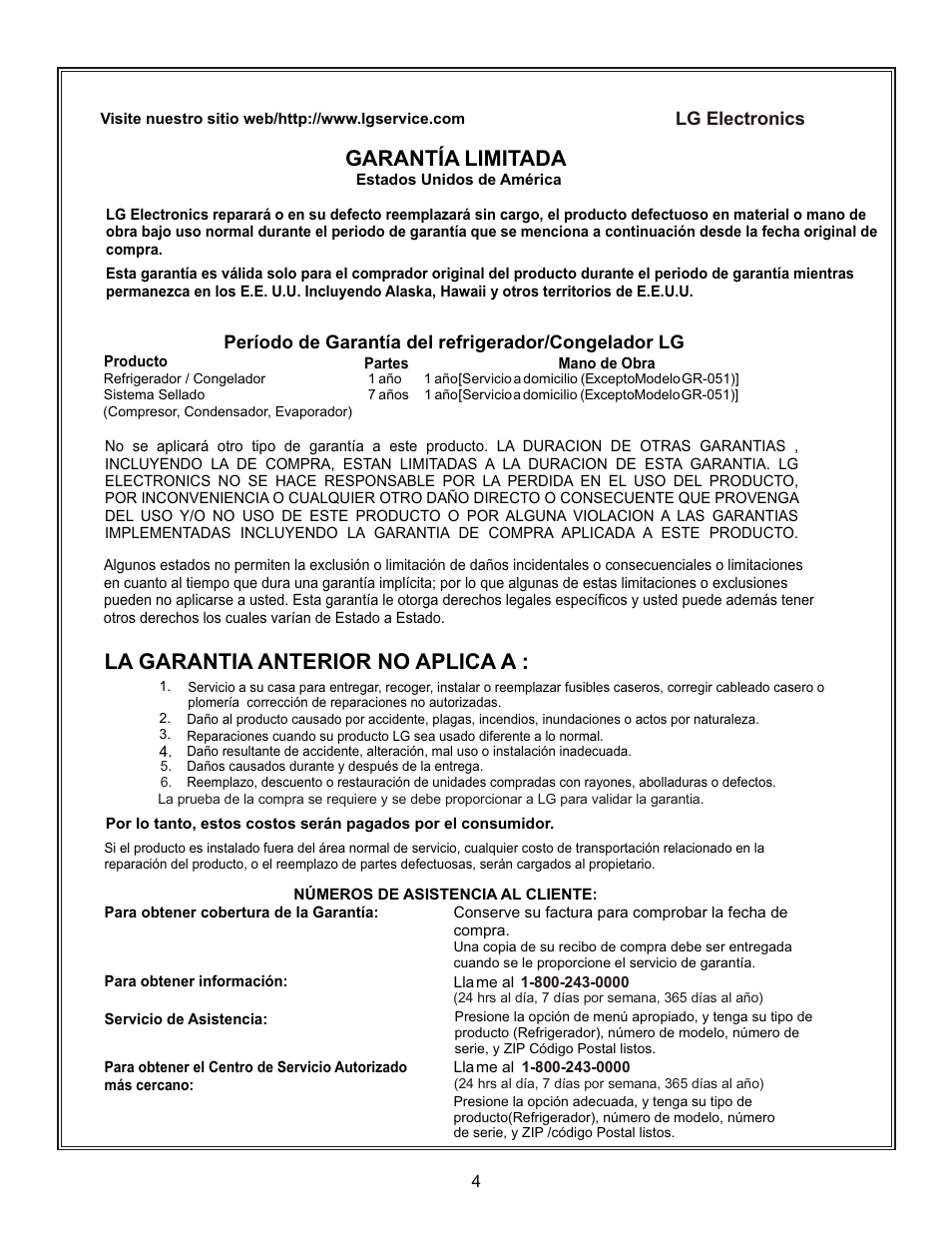 Garantía limitada, La garantia anterior no aplica a | LG LFC23760 User Manual | Page 4 / 60