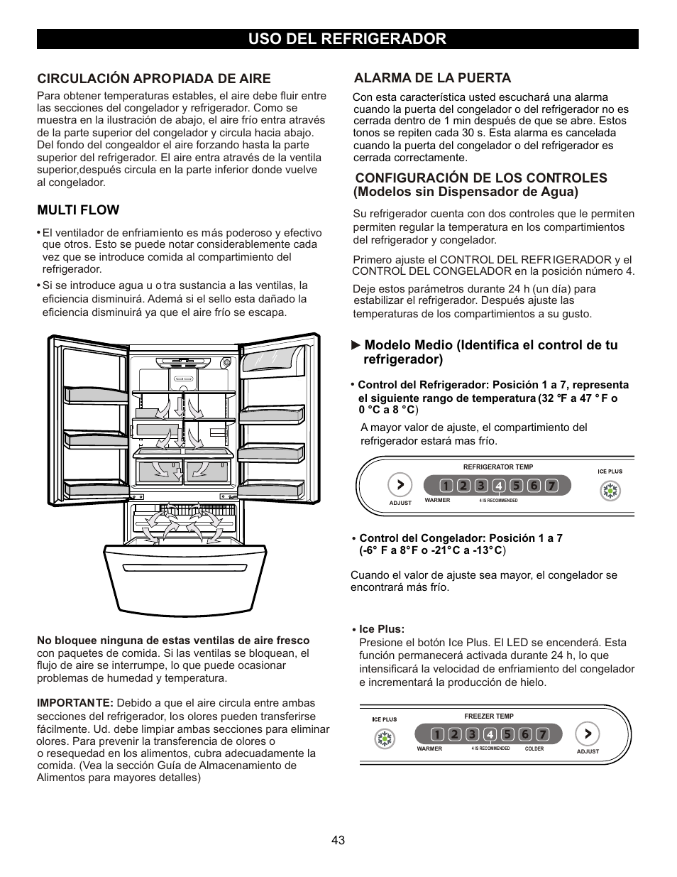 Uso del refrigerador, Multi flow, Circulación apropiada de aire | Modelo medio (identifica el control de tu, Refrigerador) | LG LFC23760 User Manual | Page 43 / 60