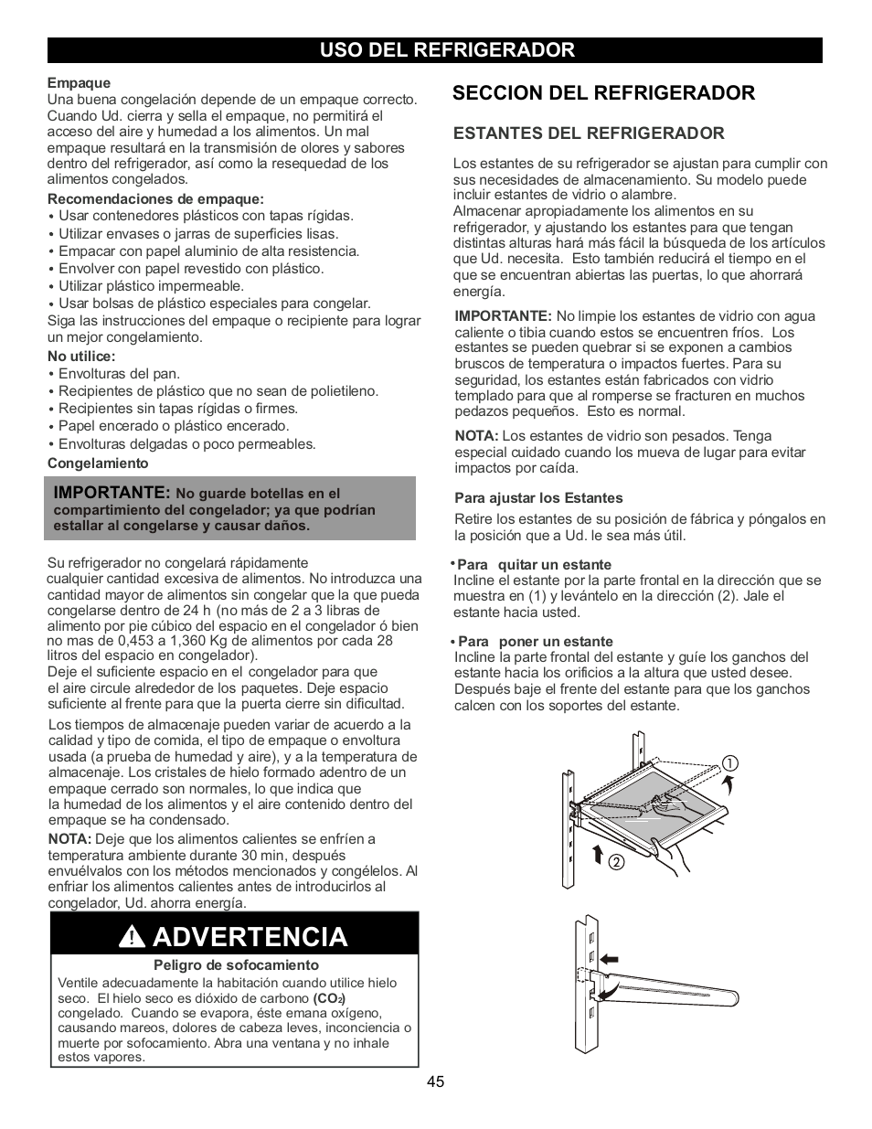 Advertencia, Uso del refrigerador, Seccion del refrigerador | LG LFC23760 User Manual | Page 45 / 60