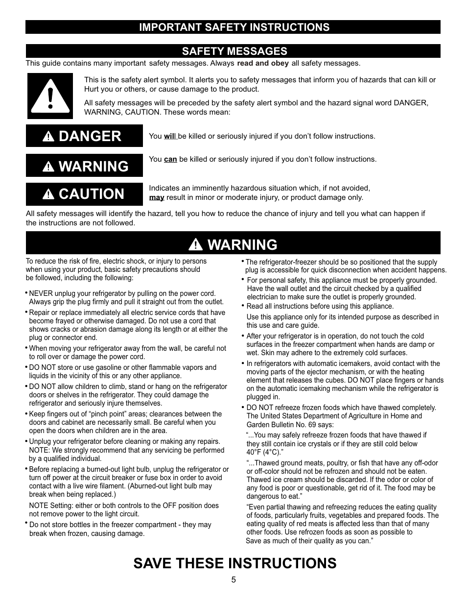 Warning, Save these instructions, Danger warning caution | Safety messages, Important safety instructions | LG LFC23760 User Manual | Page 5 / 60