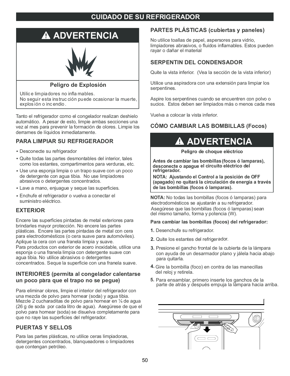 Advertencia, Cuidado de su refrigerador | LG LFC23760 User Manual | Page 50 / 60