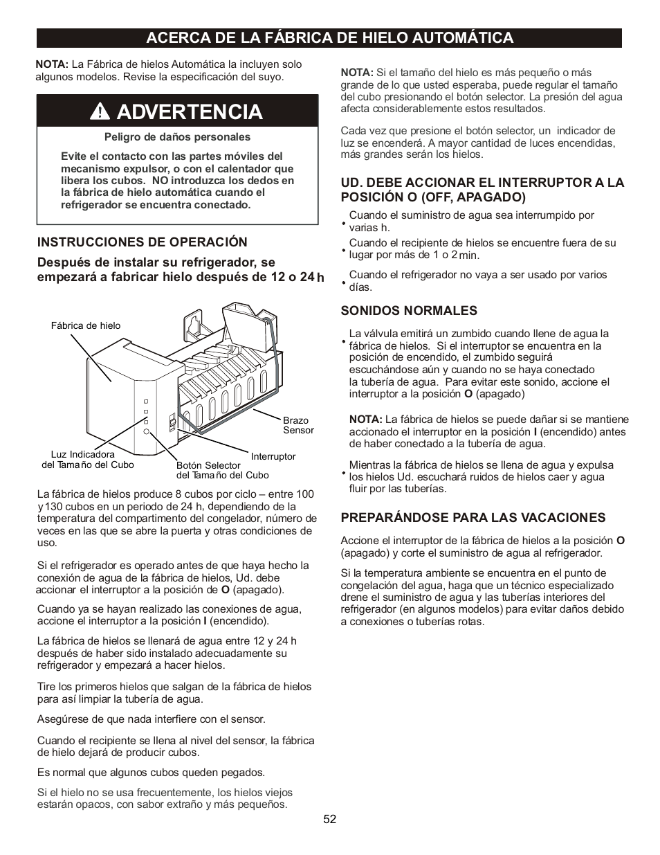 Advertencia, Acerca de la fábrica de hielo automática | LG LFC23760 User Manual | Page 52 / 60