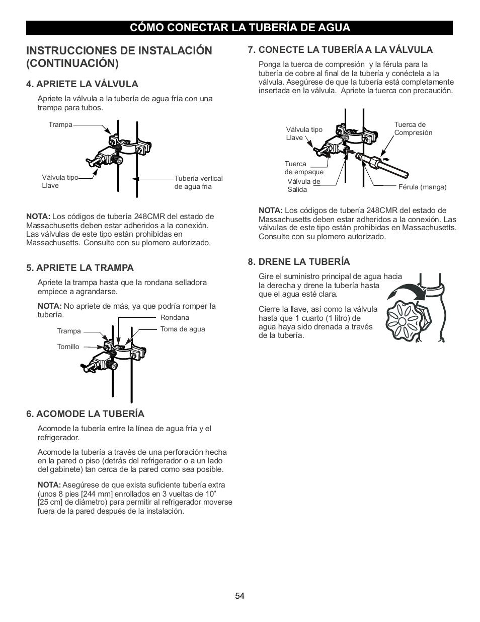 Instrucciones de instalación (continuación), Cómo conectar la tubería de agua | LG LFC23760 User Manual | Page 54 / 60