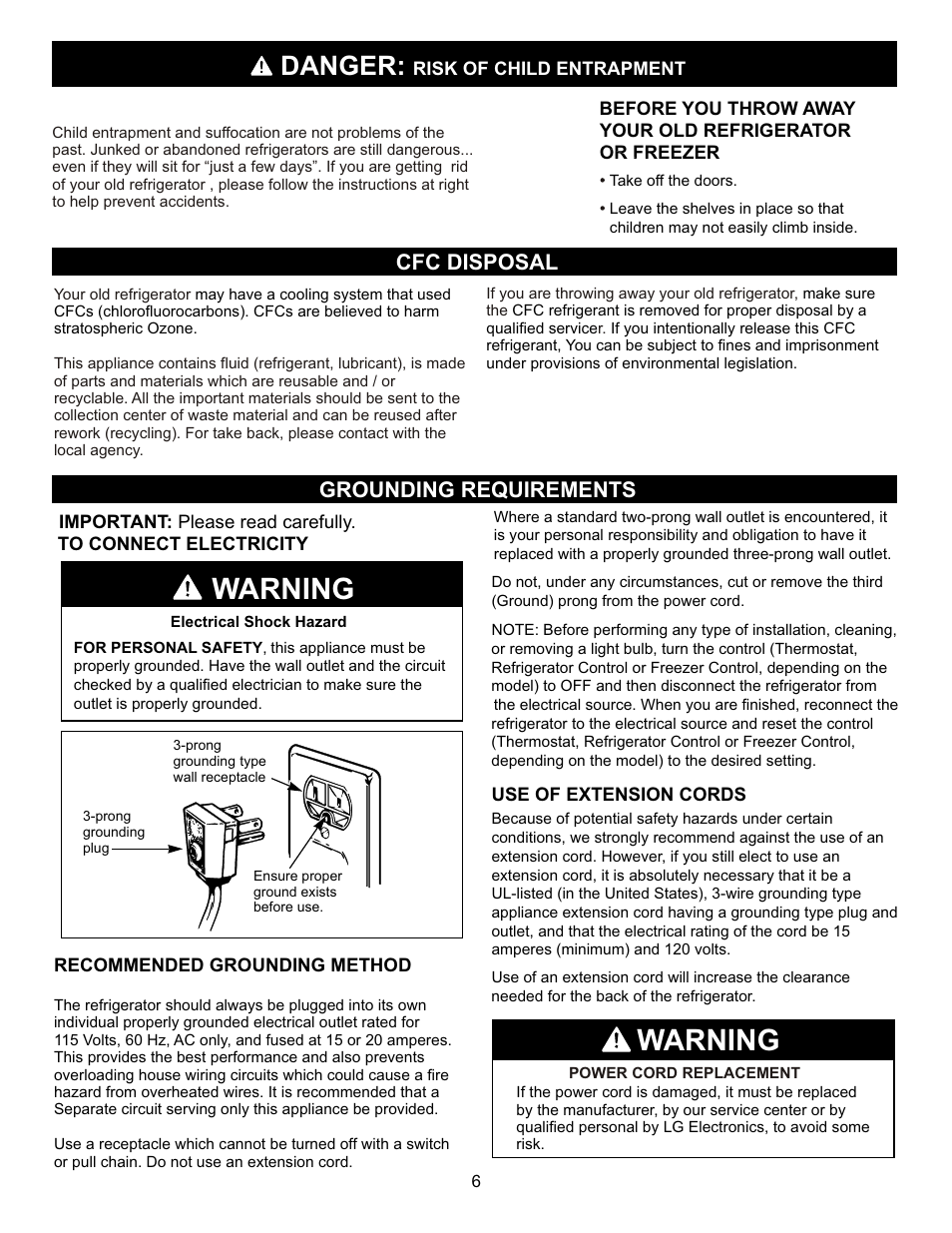 Warning, Danger, Cfc disposal grounding requirements | LG LFC23760 User Manual | Page 6 / 60