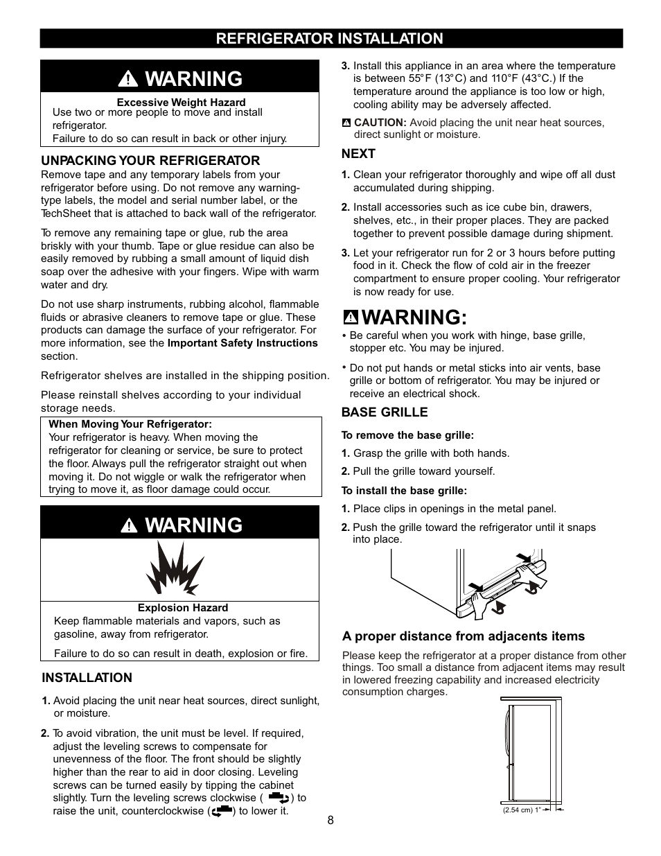 Warning, Refrigerator installation | LG LFC23760 User Manual | Page 8 / 60