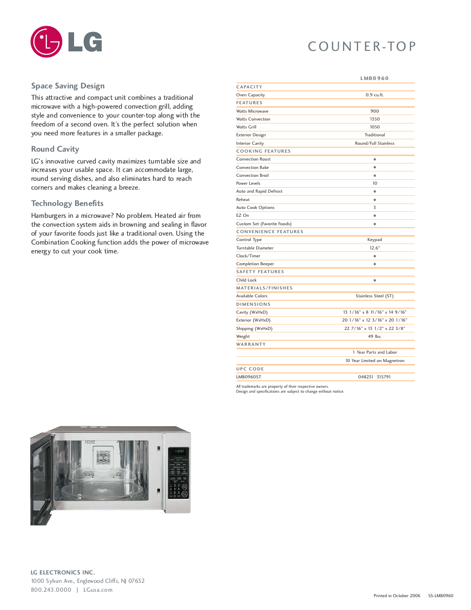 Space saving design, Round cavity, Technology benefits | LG LMB0960 User Manual | Page 2 / 2