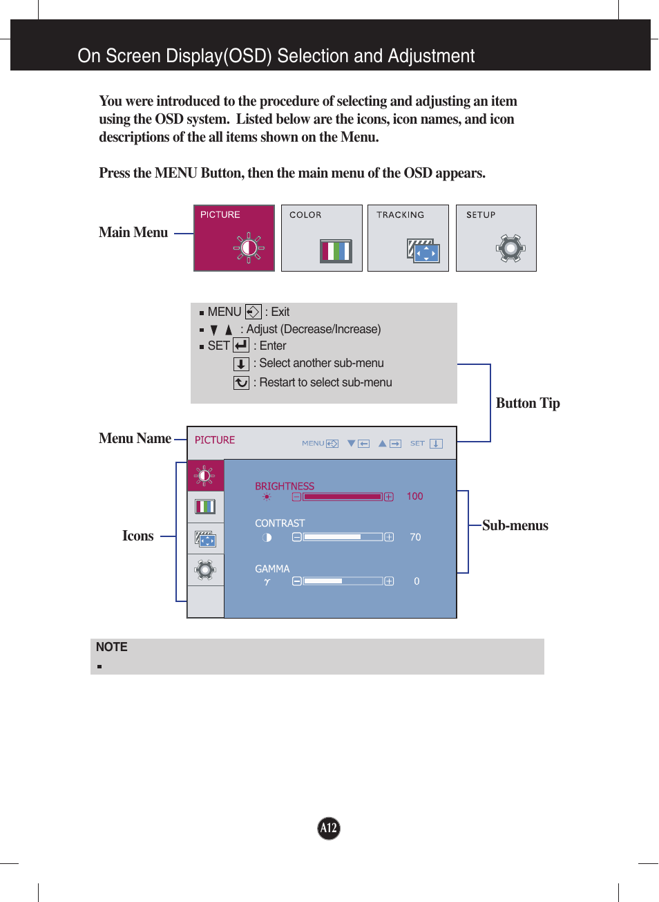 On screen display(osd) selection and adjustment | LG W2353V User Manual | Page 13 / 28