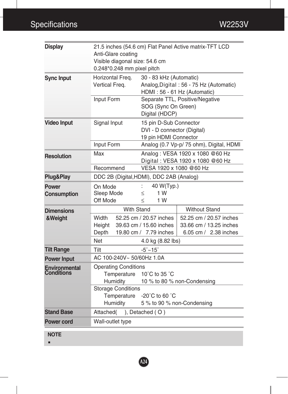 Specifications, W2253v, Specifications w2253v | LG W2353V User Manual | Page 25 / 28