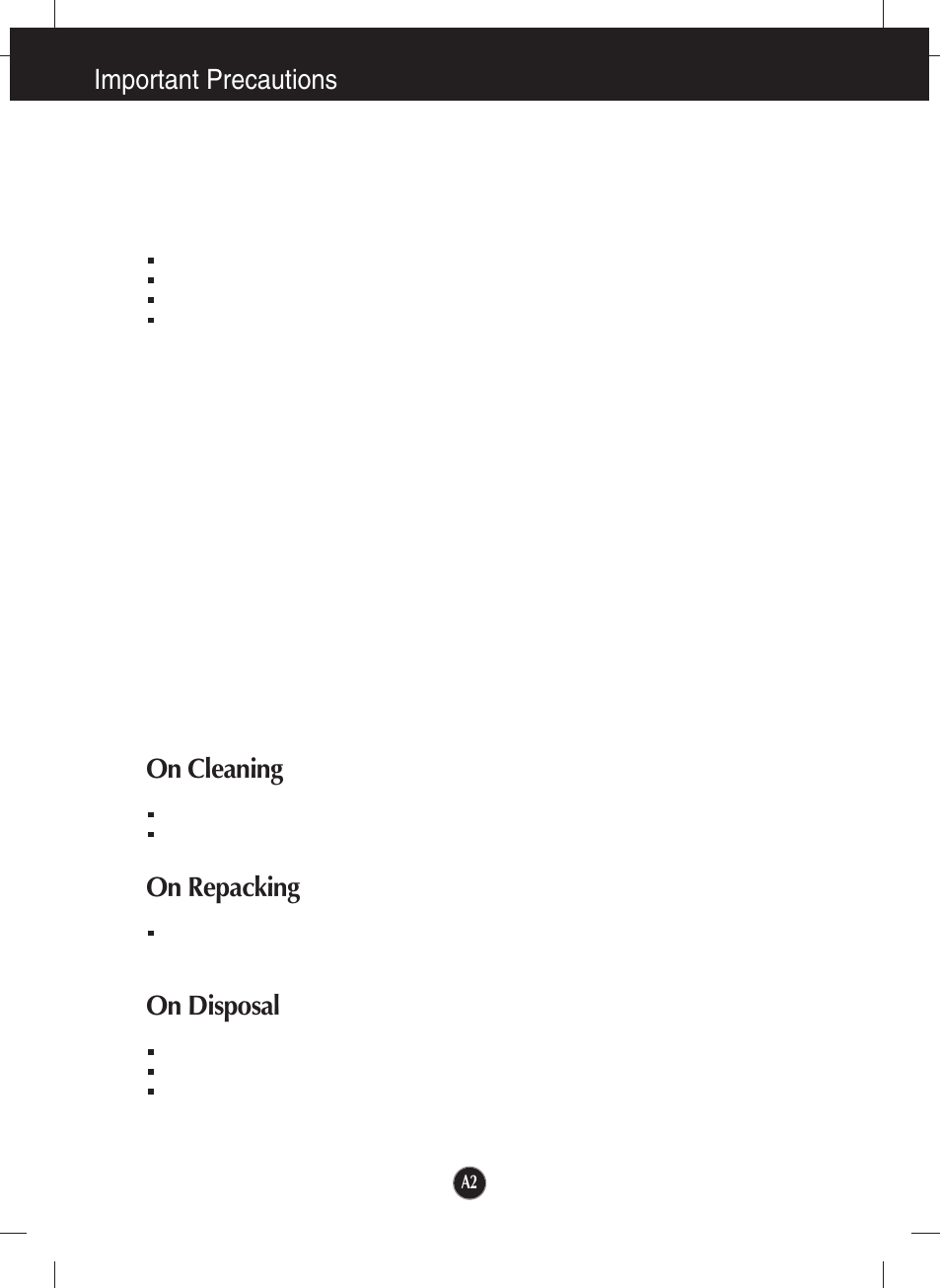 On cleaning, On repacking, On disposal | Important precautions | LG W2353V User Manual | Page 3 / 28