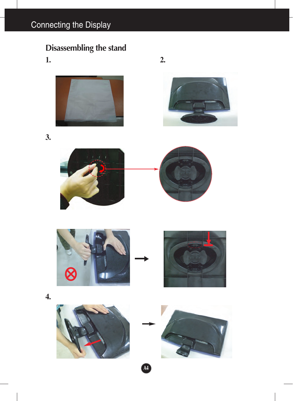 Disassembling the stand, Connecting the display disassembling the stand | LG W2353V User Manual | Page 5 / 28