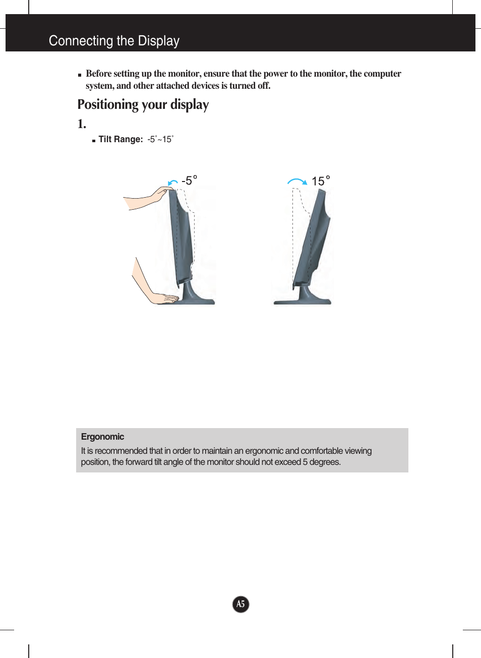 Positioning your display, Connecting the display | LG W2353V User Manual | Page 6 / 28