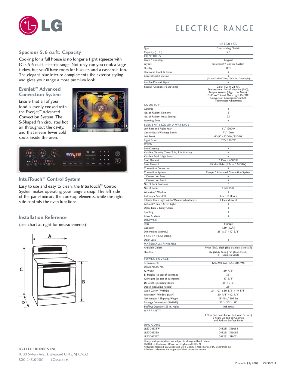 Spacious 5.6 cu.ft. capacity, Evenjet, Advanced convection system | Intuitouch, Control system, Installation reference, Ac d b, Easy to use and easy to clean, the intuitouch, See chart at right for measurements) | LG LRE30453ST User Manual | Page 2 / 2