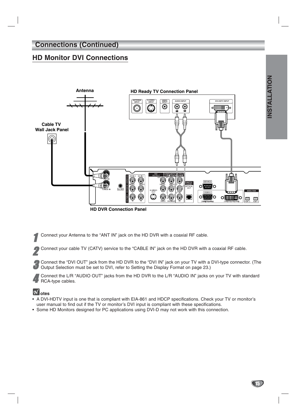 Connections (continued) hd monitor dvi connections, Inst alla tion | LG LST-3410A User Manual | Page 15 / 68