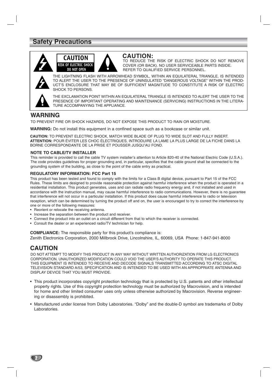 Safety precautions, Warning, Caution | LG LST-3410A User Manual | Page 2 / 68