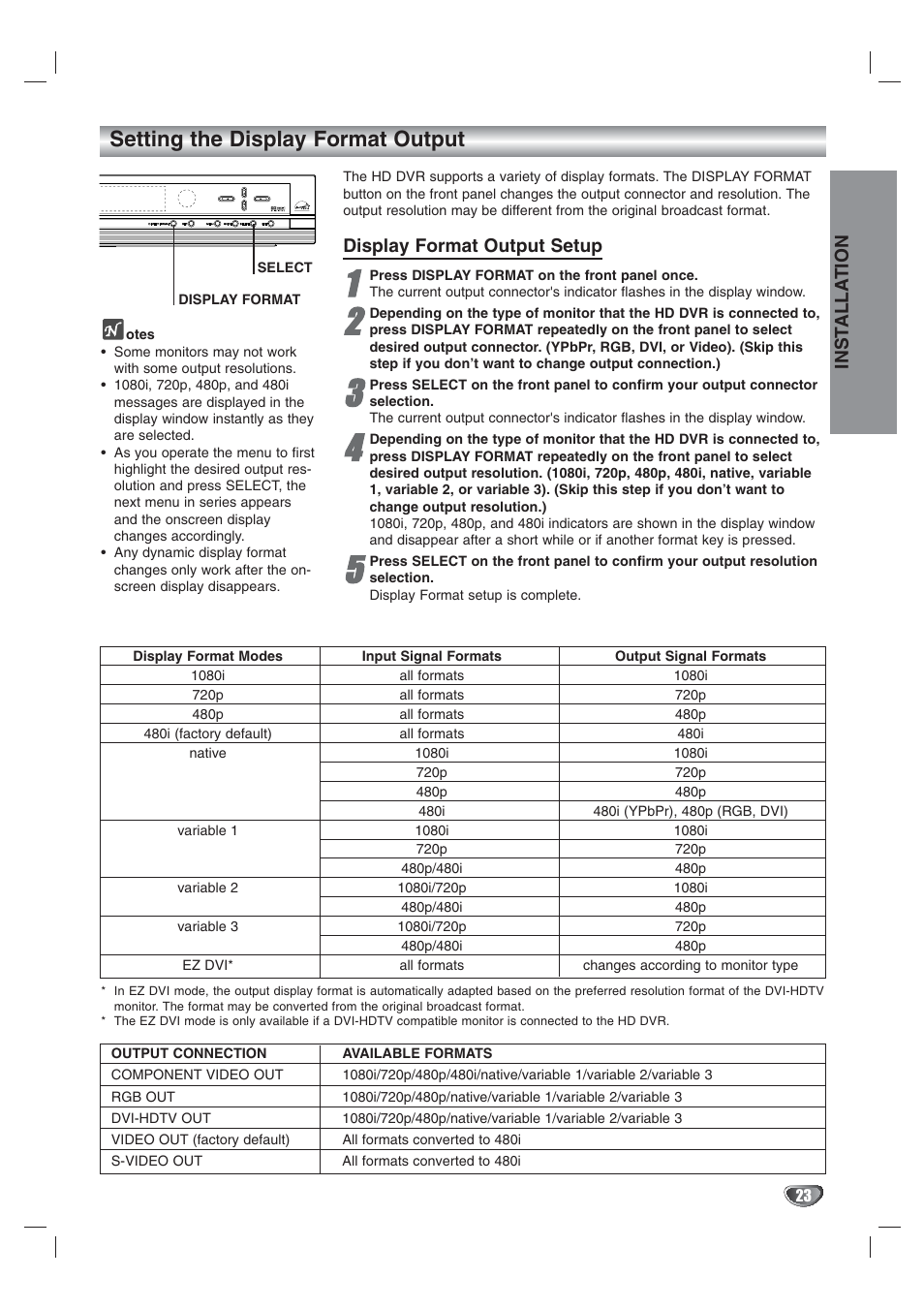 Setting the display format output, Inst alla tion, Display format output setup | LG LST-3410A User Manual | Page 23 / 68