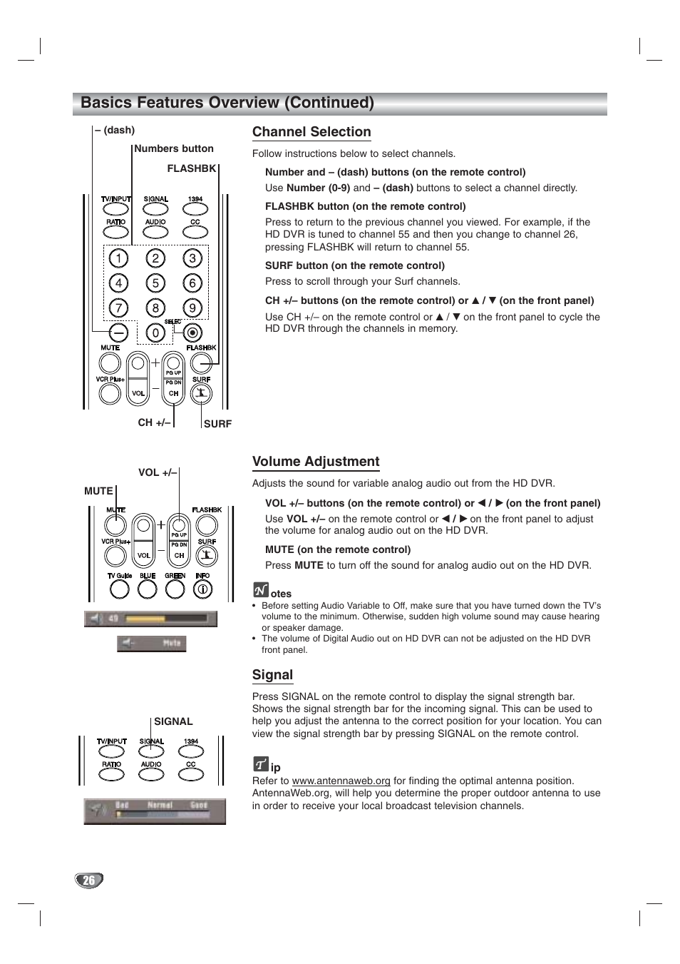 Basics features overview (continued), Channel selection, Volume adjustment | Signal | LG LST-3410A User Manual | Page 26 / 68